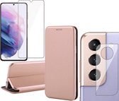 Samsung Galaxy S21 FE Hoesje - Book Case Lederen Wallet Cover Minimalistisch Pasjeshouder Hoes Roségoud - Tempered Glass Screenprotector - Camera Lens Protector