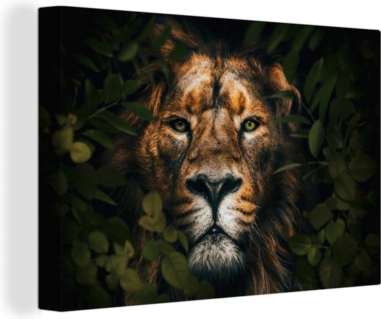 Canvas Schilderij Jungle - Leeuw - Dieren - Bladeren - 60x40 cm - Wanddecoratie