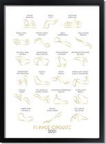 F1 poster circuits 2021 met goudfolie bedrukking A3 + fotolijst zwart (29,7x42cm) - DesignClaud