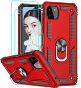 Samsung Galaxy A22 5G Hoesje Rood & 2X Glazen Screenprotectors - Anti-Shock Hybrid Armor met Kickstand Ring