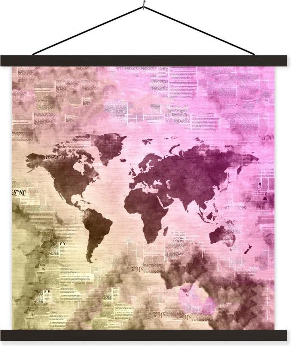 Afbeelding van product TextilePosters  Schoolplaat - Wereldkaart - Kleuren - Kranten - 60x60 cm - Zwarte latten