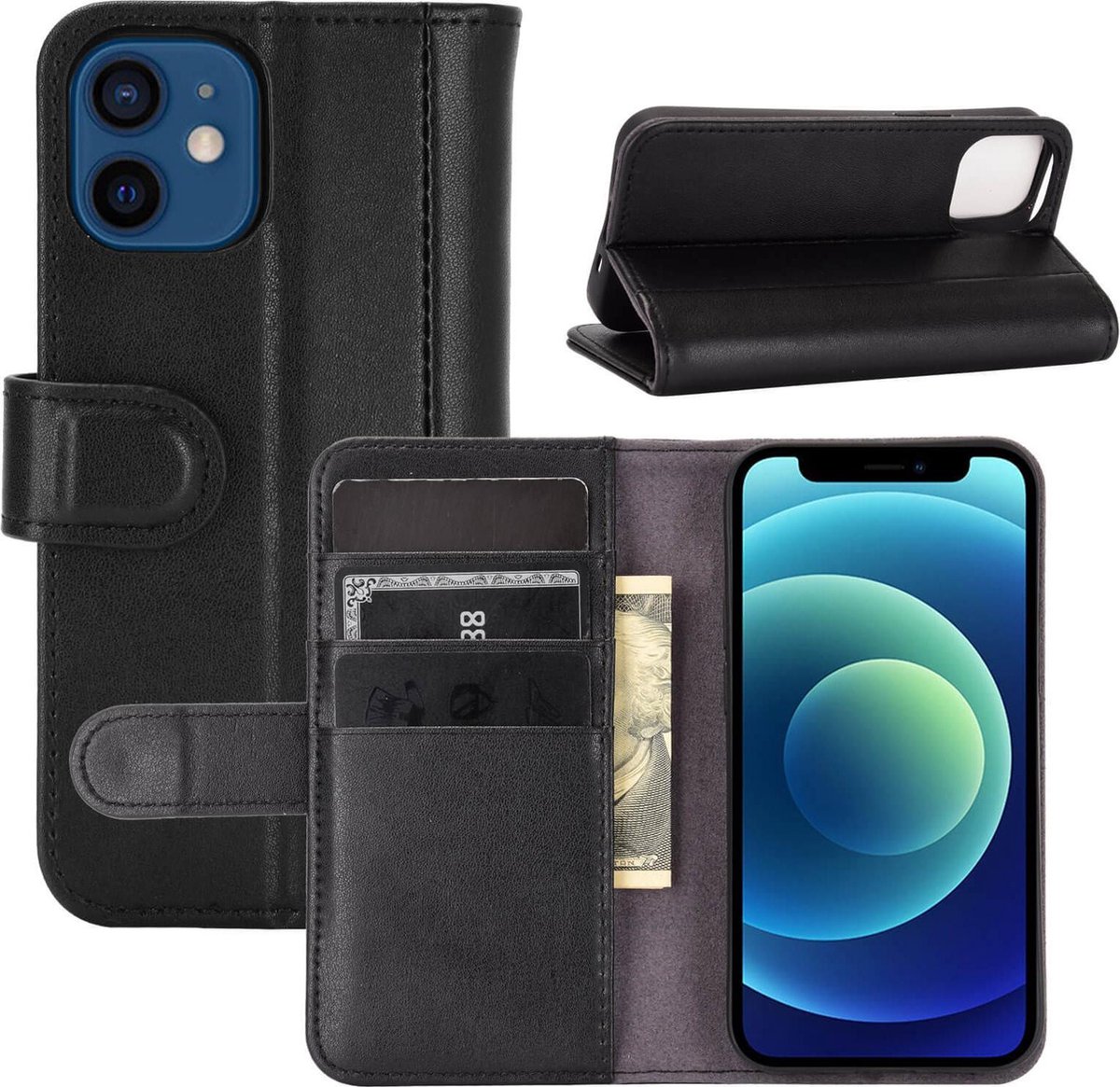 IYUPP Book Case Geschikt voor iPhone 12 / 12 Pro Hoesje - Leren Hoesje Met Pasjeshouder - Zwart