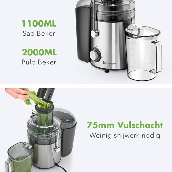 KitchenBrothers Sapcentrifuge - Voor Groenten en Fruit - Juicer met Pulpcontainer - 1100ml - 800W - Zwart