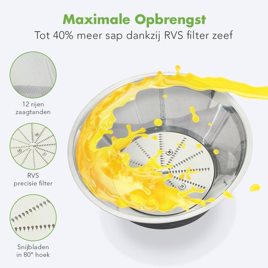 KitchenBrothers Sapcentrifuge - Voor Groenten en Fruit - BPA Vrij - Juicer - Slowjuicer - Met Pulpcontainer - 1100ml - 800W - Zwart