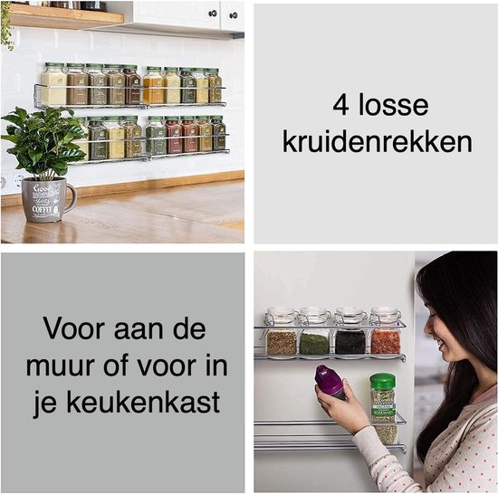 Kruidenrek voor aan de muur, 4-delig, metalen kruidenhouder, zwart kruidenrek, hangend