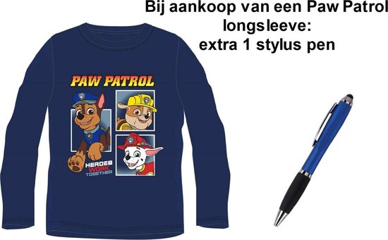 Paw Patrol Nickelodeon Manches Longues - T-Shirt - Bleu Foncé. Taille 134 cm / 9 ans + 1 Stylet EXTRA