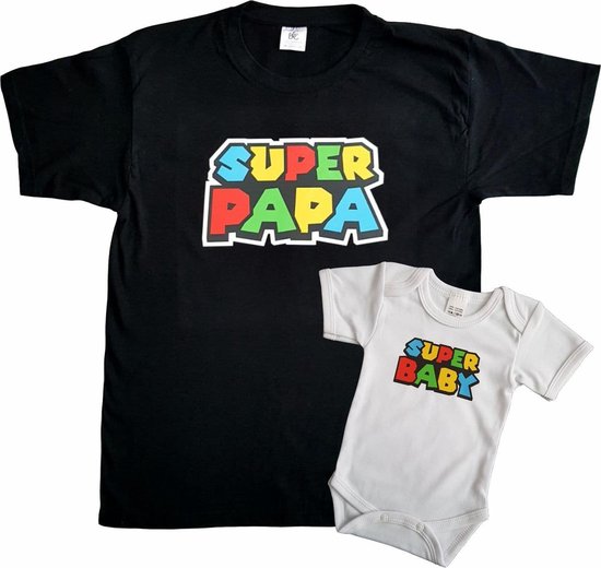 Set t-shirt en romper met "Super papa" en "Super baby" - maat t-shirt XS - maat romper 68 - vaderdag, cadeautje, kraamcadeau, grappig, geschenk, baby, tekst, gamen, games