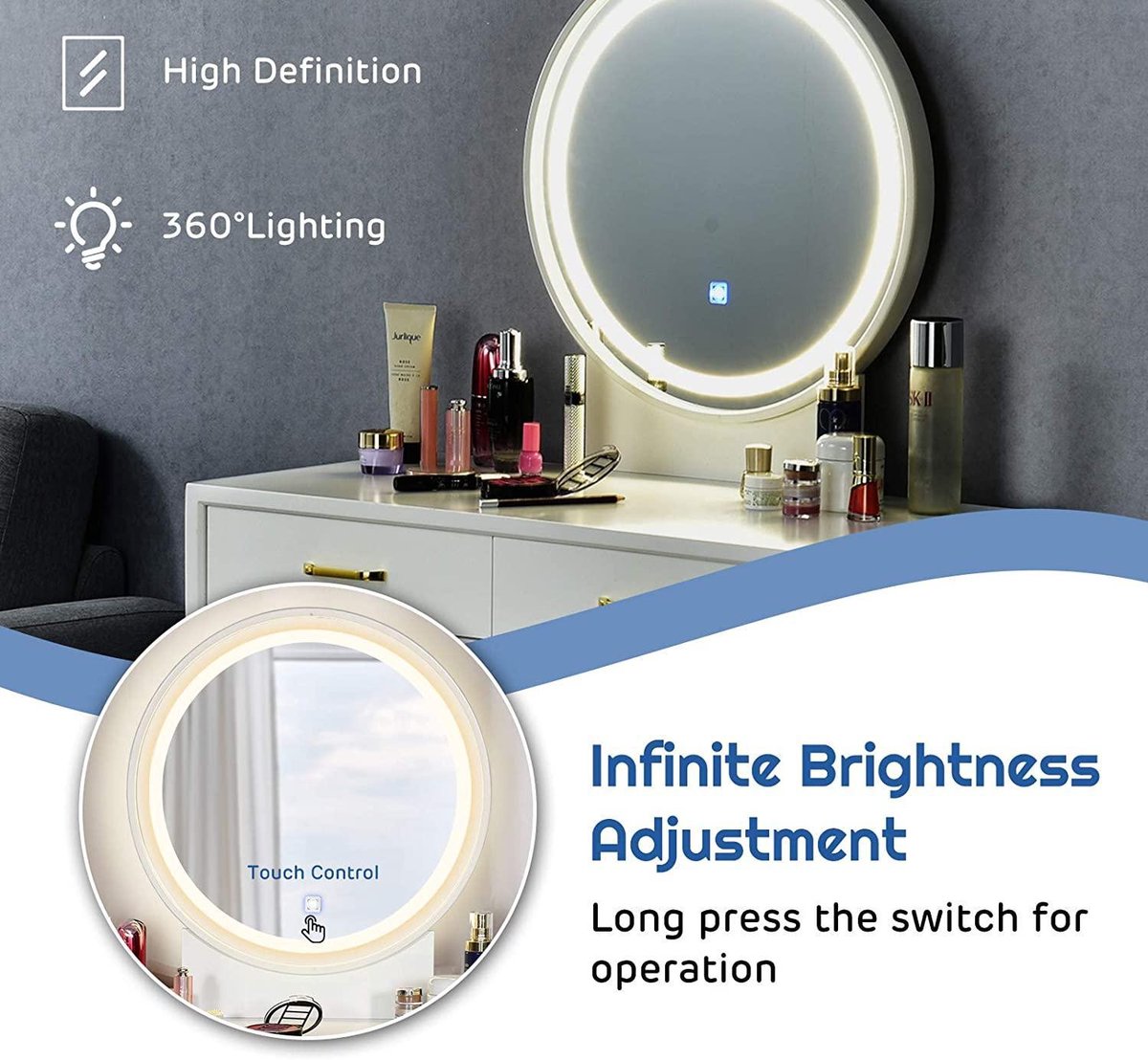 COSTWAY Make-uptafel met ledverlichting, instelbare helderheid, kaptafel met 3 laden, kruk en 360° draaibare spiegel, make-uptafel voor slaapkamer (wit