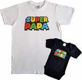 Set t-shirt en romper met "Super papa" en "Super baby" - maat t-shirt 2XL - maat romper 80 - vaderdag, cadeautje, kraamcadeau, grappig, geschenk, baby, tekst, gamen, games, XXL
