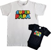 Set t-shirt en romper met "Super papa" en "Super baby" - maat t-shirt 5XL - maat romper 80 - vaderdag, cadeautje, kraamcadeau, grappig, geschenk, baby, tekst, gamen, games, XXXXXL