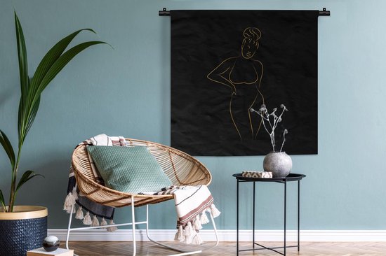 Wandkleed - Wanddoek - Vrouw - Zwart - Goud - Line art - 90x90 cm - Wandtapijt