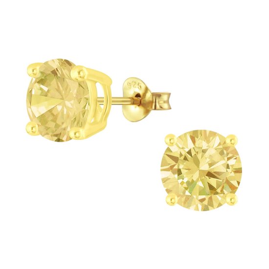 Joy|S - Zilveren 8 mm oorbellen - rond - zirkonia champagne geel - 14k goudplating