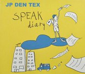 Albumhoes 'Speak Diary' met gele achtergrond, blauwe wolk, illustratie van een jongen op gebouwen en vliegend papier.