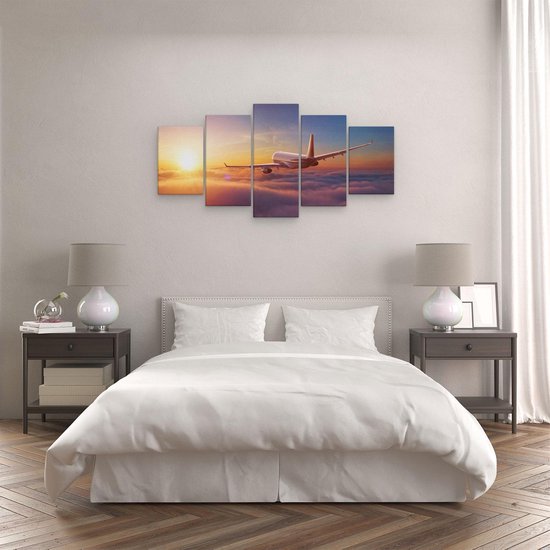 Pentaptyque Artaza - Peinture sur toile - Avion dans les nuages au coucher du soleil - 100x50 - Photo sur toile - Impression sur toile