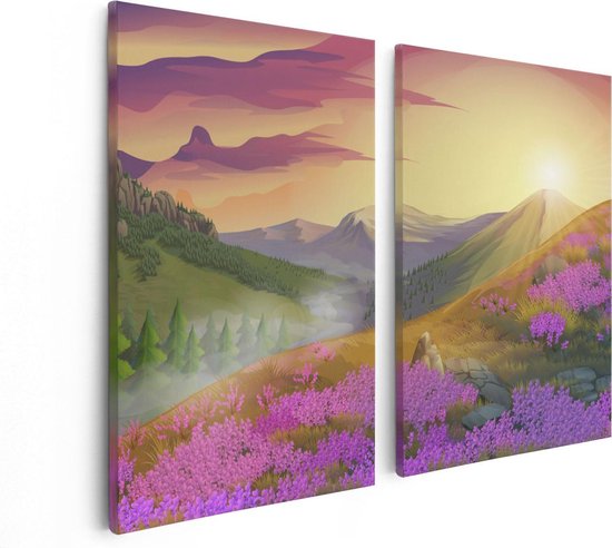 Artaza Canvas Schilderij Tweeluik Lavendel Bloemen In De Bergen - Abstract - 80x60 - Foto Op Canvas - Canvas Print