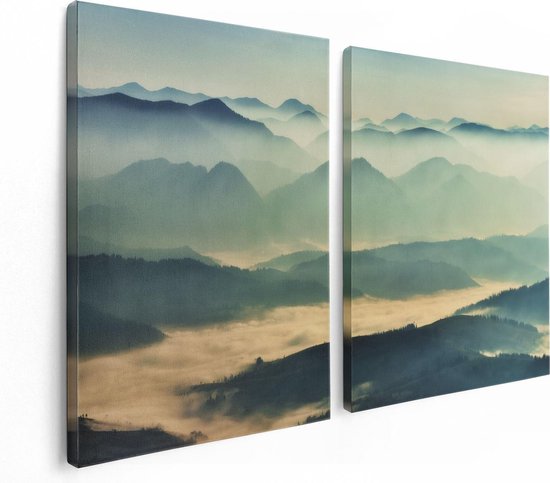 Artaza Canvas Schilderij Tweeluik Heuvel Landschap Tijdens De Mist - 120x80 - Foto Op Canvas - Canvas Print
