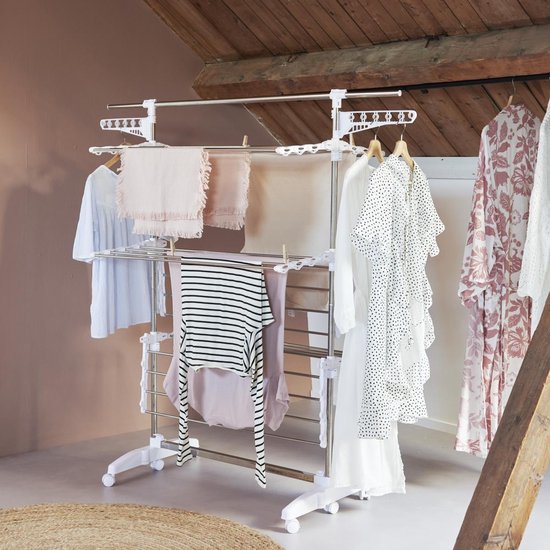 Opvouwbaar droogrek voor kleding - groot droogrek voor lakens, handdoeken en alle kleding, inclusief in hoogte verstelbare vleugels en 30 clips voor sokken en ondergoed (2.4m Opvouwbaar droogrek voor kleding - groot droogrek voor lakens, handdoeken en alle kleding, inclusief in hoogte verstelbare vleugels en 30 clips voor sokken en ondergoed (2.4m