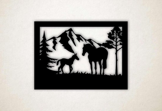 Wanddecoratie - Wandpaneel paard met veulen - L - 75x102cm - Zwart - muurdecoratie - Line Art