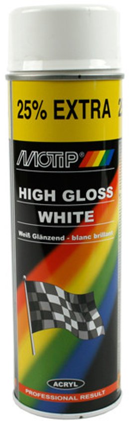 Motip spuitbus Acryl Hoogglans Wit. Met 25% extra inhoud en een racevlag design. Professioneel resultaat.