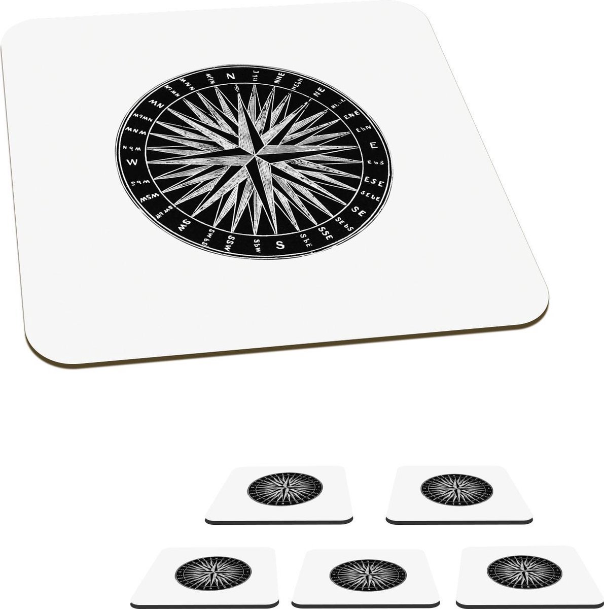 Onderzetters voor glazen - Retro - Kompas - Reizen - 10x10 cm - Glasonderzetters - 6 stuks