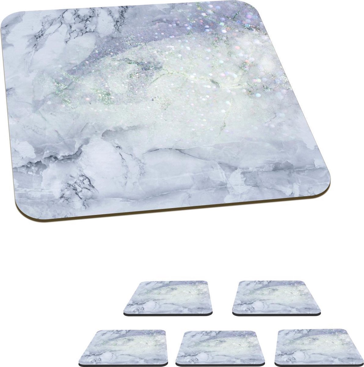 Onderzetters voor glazen - Marmer - Glitter - Blauw - 10x10 cm - Glasonderzetters - 6 stuks