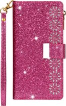 Hoesje geschikt voor Samsung Galaxy A71 - Bookcase - Koord - Pasjeshouder - Portemonnee - Glitter - Bloemenpatroon - Kunstleer - Roze