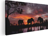 Artaza Canvas Schilderij Olifanten Tijdens Zonsondergang - Silhouet - 120x60 - Groot - Foto Op Canvas - Canvas Print