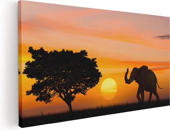 Artaza Canvas Schilderij Olifant Silhouet Tijdens Zonsondergang  - 80x40 - Foto Op Canvas - Canvas Print