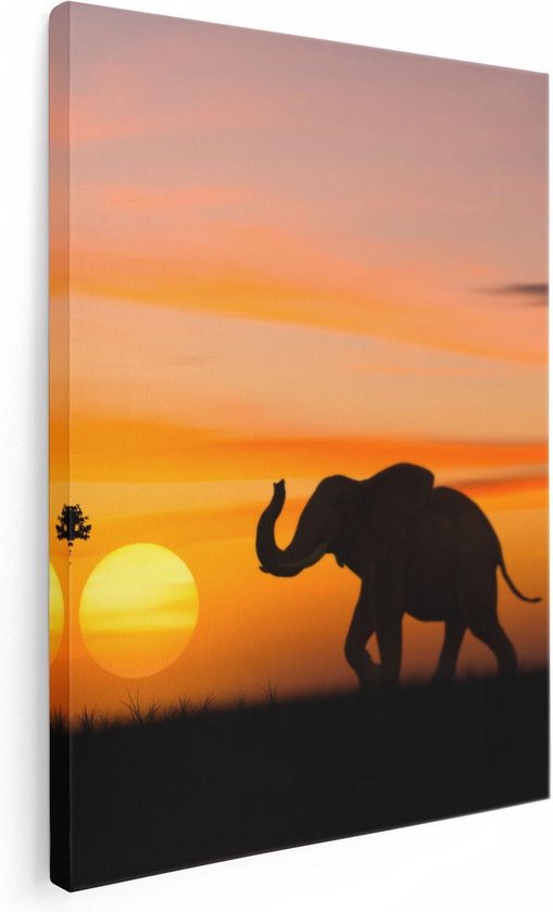 Artaza Canvas Schilderij Olifant Silhouet Tijdens Zonsondergang  - 60x80 - Foto Op Canvas - Canvas Print