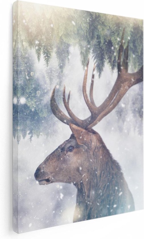 Artaza Canvas Schilderij Hertenkop - Hert Op Een Bomen Achtergrond - 60x80 - Foto Op Canvas - Canvas Print