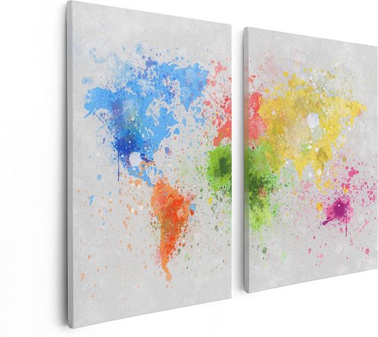 Artaza Canvas Schilderij Tweeluik Wereldkaart Met Verfvlekken - Abstract - 80x60 - Foto Op Canvas - Canvas Print