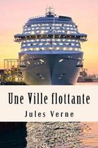 Een cruiseschip bij zonsondergang met de titel 'Een Drijvende Stad' door Jules Verne.