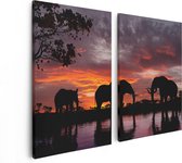 Artaza Canvas Schilderij Tweeluik Olifanten Tijdens Zonsondergang - Silhouet - 80x60 - Foto Op Canvas - Canvas Print