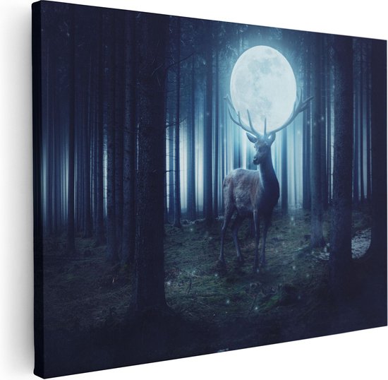 Artaza Canvas Schilderij Hert In Het Bos Tijdens Volle Maan - 80x60 - Foto Op Canvas - Canvas Print