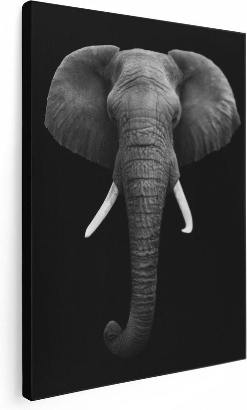 Artaza Canvas Schilderij Olifantenkop - Olifant - Zwart Wit - 60x80 cm - Wanddecoratie Woonkamer - Schilderijen - Muurdecoratie