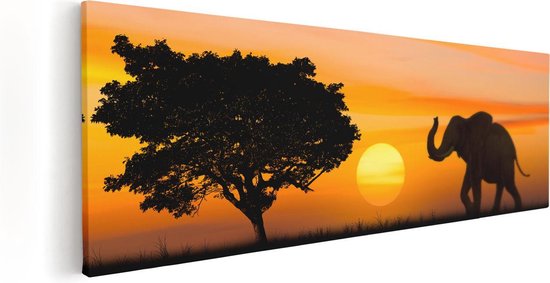 Artaza Canvas Schilderij Olifant Silhouet Tijdens Zonsondergang  - 90x30 - Foto Op Canvas - Canvas Print
