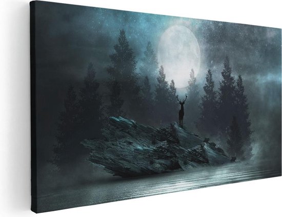 Artaza Peinture sur toile Cerf sur un rocher pendant la pleine lune - 40x20 - Klein - Image sur toile - Impression sur toile
