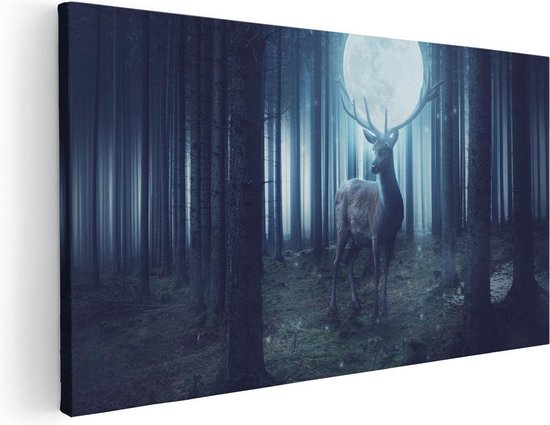 Artaza Canvas Schilderij Hert In Het Bos Tijdens Volle Maan - 40x20 - Klein - Foto Op Canvas - Canvas Print