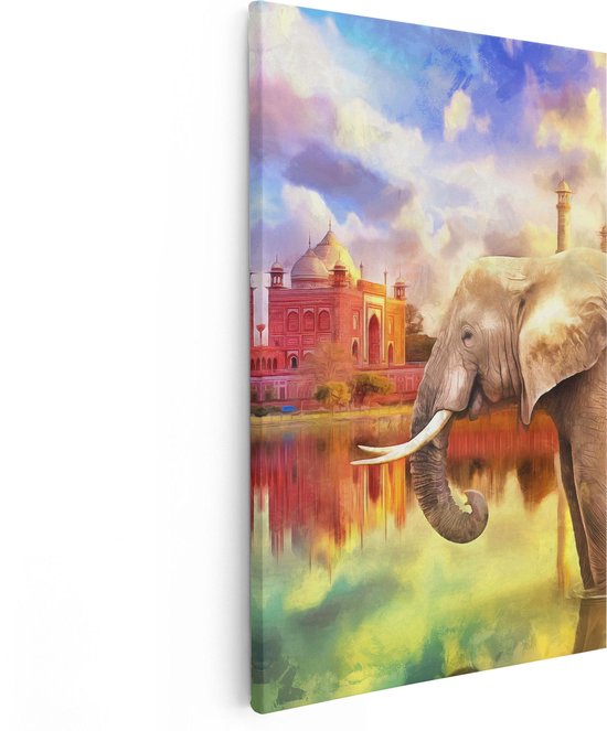 Artaza Canvas Schilderij Getekende Olifant Bij Taj Mahal - Abstract - 60x90 - Foto Op Canvas - Canvas Print