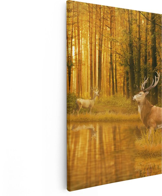 Artaza Canvas Schilderij Twee Herten In Het Bos Bij Het Water - 60x90 - Foto Op Canvas - Canvas Print