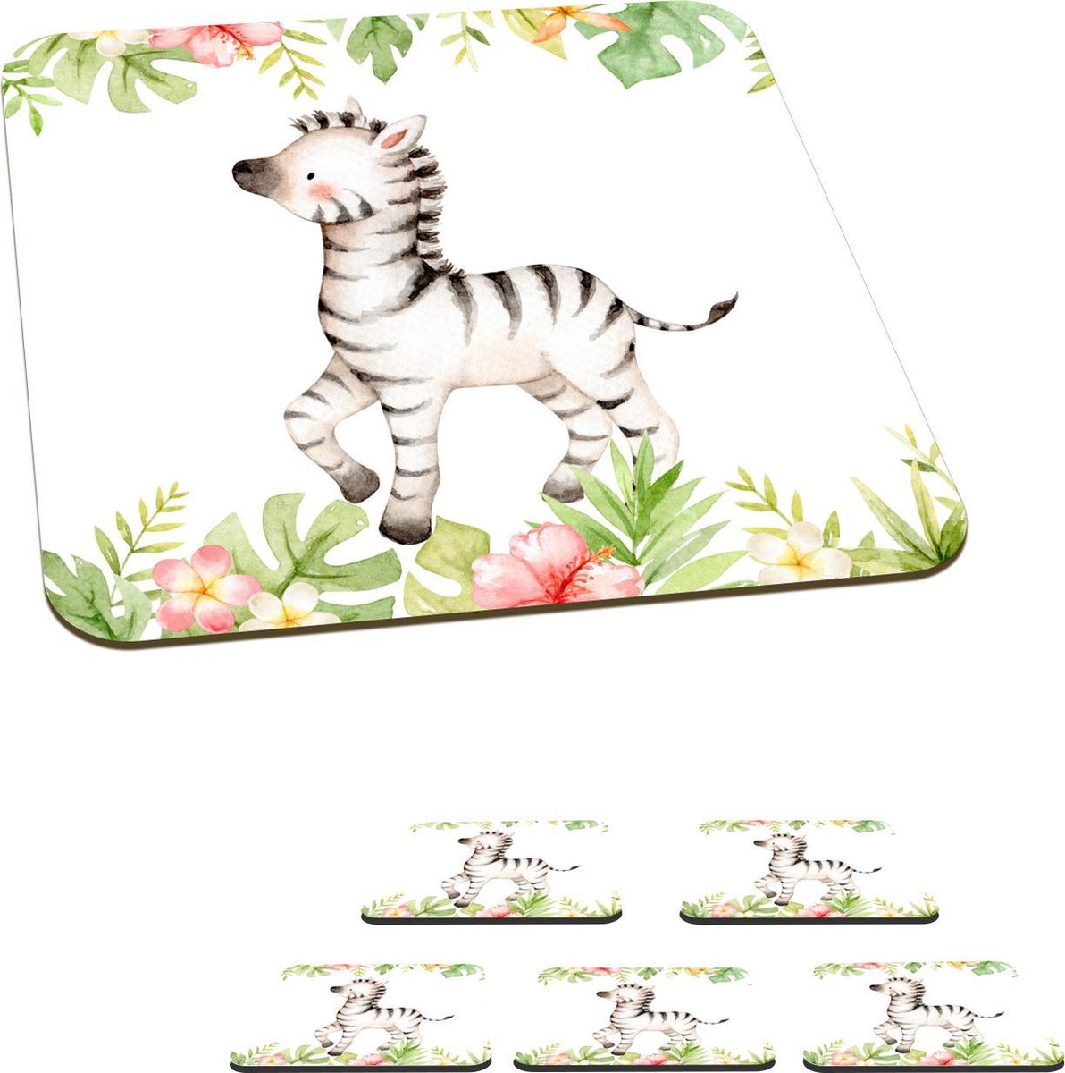 Onderzetters voor glazen - Zebra - Aquarelverf - Jungle - 10x10 cm - Glasonderzetters - 6 stuks