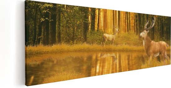 Artaza Canvas Schilderij Twee Herten In Het Bos Bij Het Water - 120x40 - Groot - Foto Op Canvas - Canvas Print