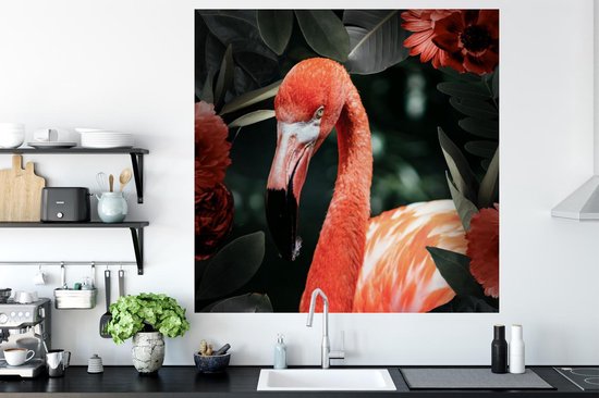 Stickers muraux - Film autocollant - Flamingo - Fleurs - Feuilles - Ressorts - 120x120 cm - Film adhésif - Stickers muraux Chambre d'enfant - Papier peint autocollant XXL