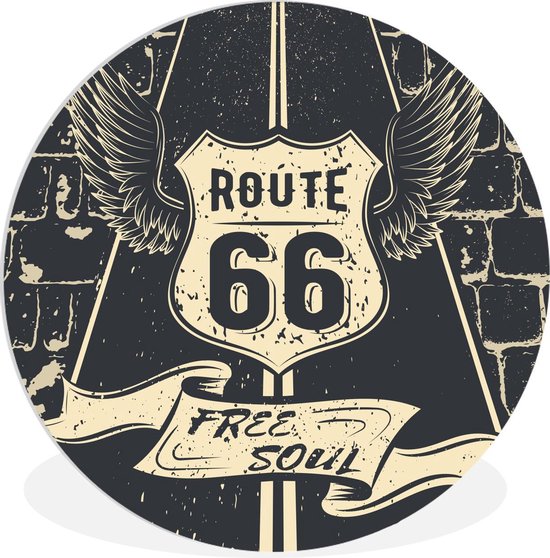 WallCircle - Wandcirkel ⌀ 120 - Route 66 - Vintage - Zwart - Wit - Ronde schilderijen woonkamer - Wandbord rond - Muurdecoratie cirkel - Kamer decoratie binnen - Wanddecoratie muurcirkel - Woonaccessoires XXL