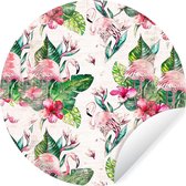 WallCircle - Stickers muraux - Cercle Papier Peint - Flamingo - Fleurs - Feuilles - Journal - 100x100 cm - Cercle Mural - Auto Adhésif - Sticker Papier Peint Rond XXL