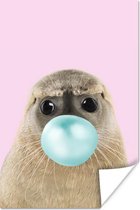 Poster Zeehond - Kauwgom - Roze - Blauw - Meisjes - Kinderen - Kids - 40x60 cm - Poster Meisjeskamer - Poster Kinderkamer Meisje
