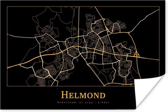 Poster Kaart - Helmond - Goud - Zwart - 90x60 cm