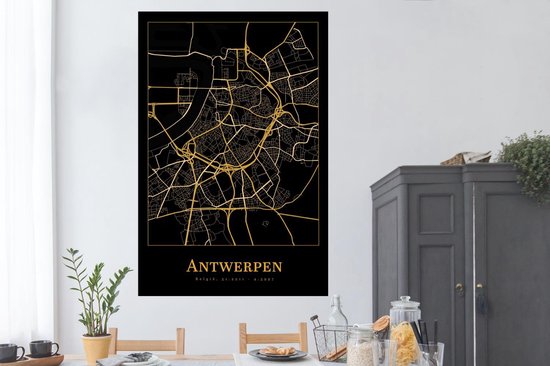 Affiche Carte - Anvers - Or - Zwart - 120x180 cm XXL
