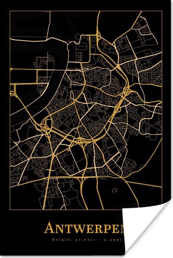 Affiche Carte - Anvers - Or - Zwart - 120x180 cm XXL
