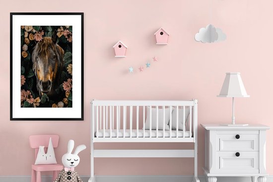 Affiche avec cadre Cheval - Fleurs - Feuilles - 80x120 cm
